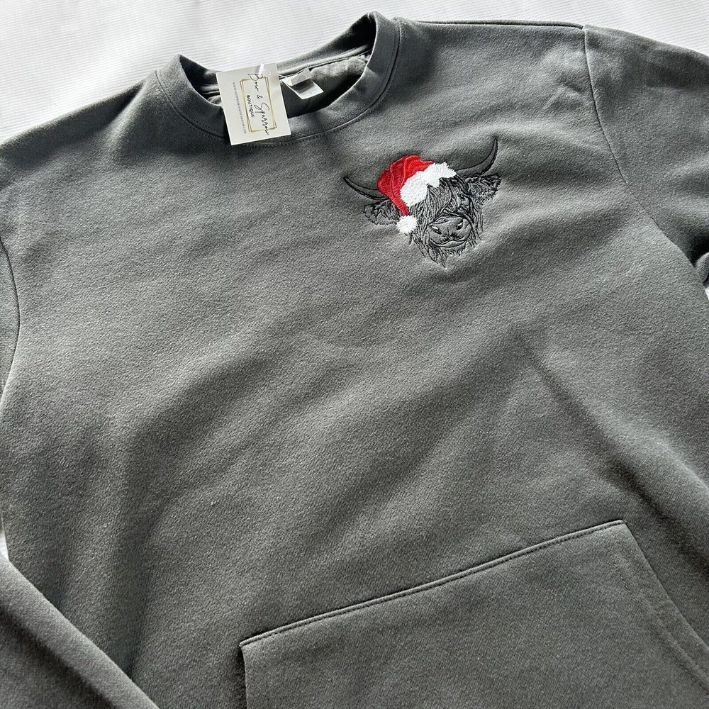 Handmade Embroidered Santa Highland Cow Sweatshirt With Kangaroo Pocket Small